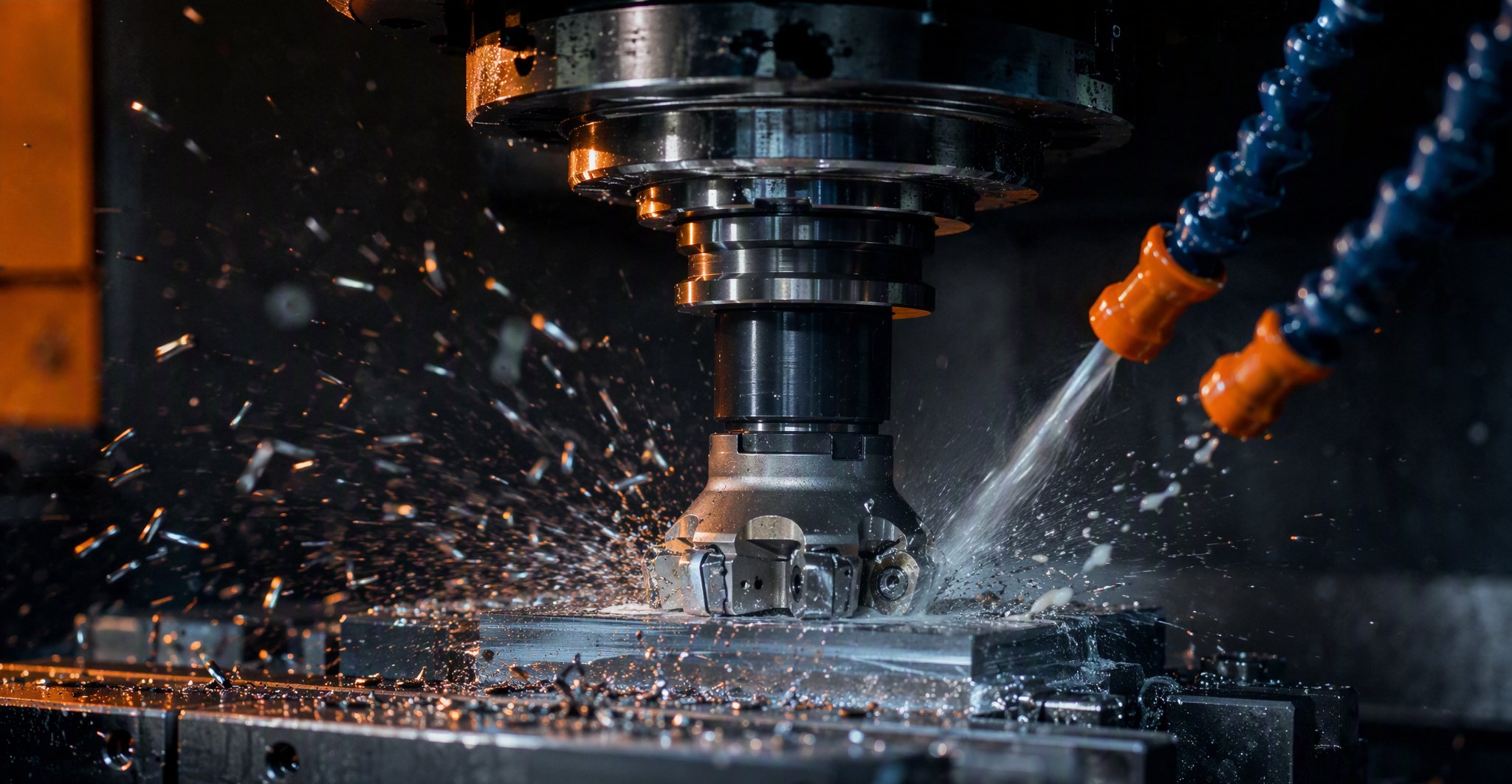KTA BT50 tool holder face milling a steel workpiece under coolant